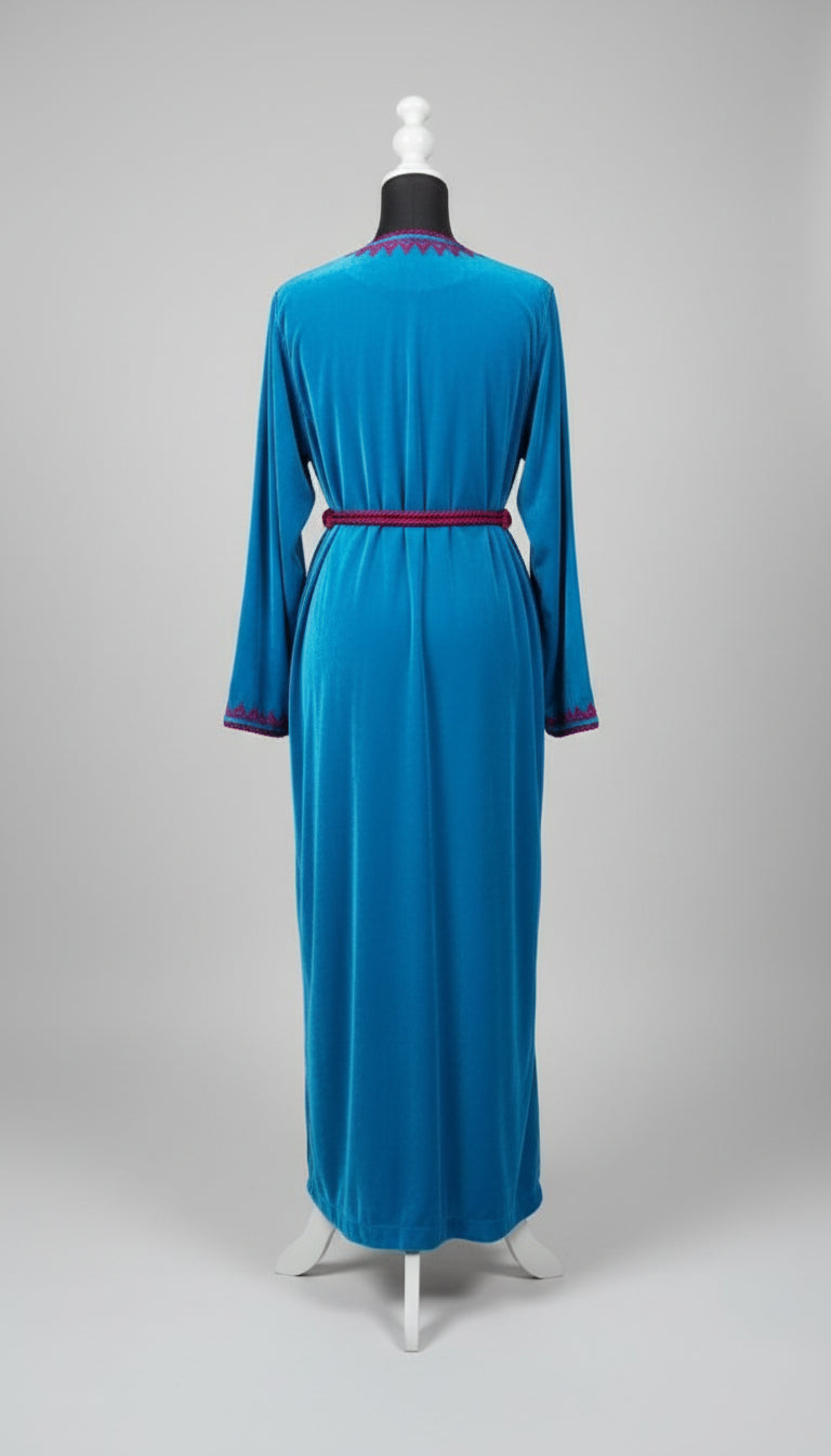 Blue Velvet Moroccan wedding dress kaftan with Fuschia - Heritage Handmade