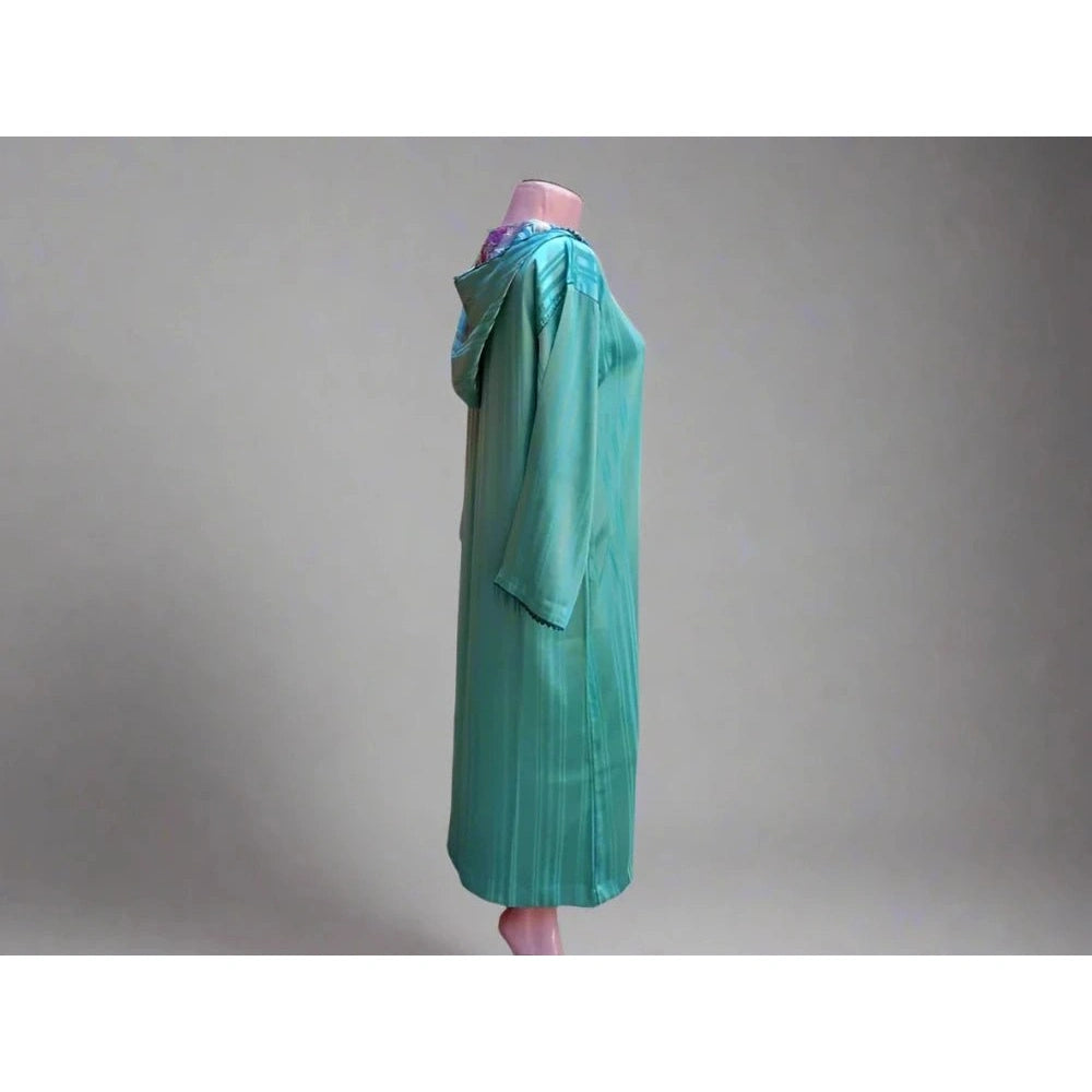 Luxury light green Moroccan Djellaba / hooded kaftan - Heritage Handmade