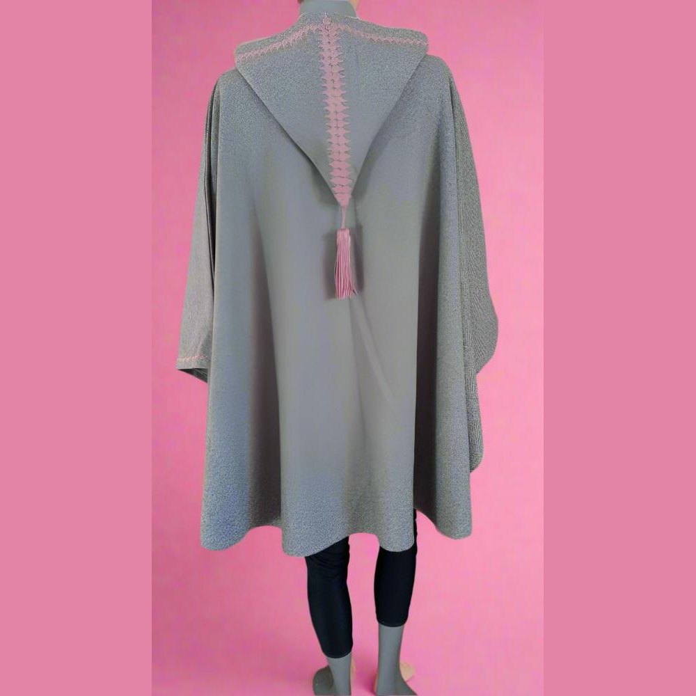 Trendy Moroccan Gray and pink embroidered Hooded Cape - SILHAM - Heritage Handmade