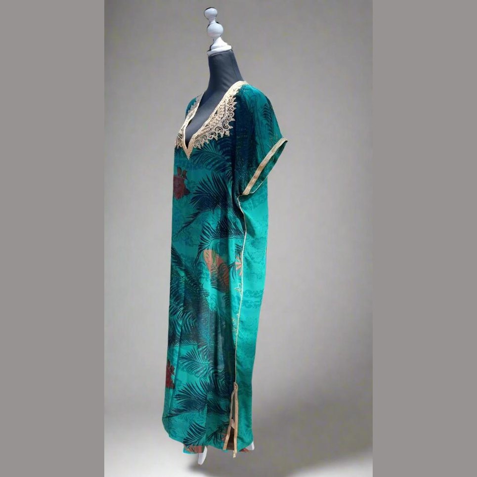 Tropical Moroccan Beach Kaftan with Gold Embroideredy - Heritage Handmade