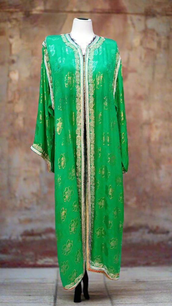 Vintage Moroccan Green Caftan with Gold Embroidery - Heritage Handmade