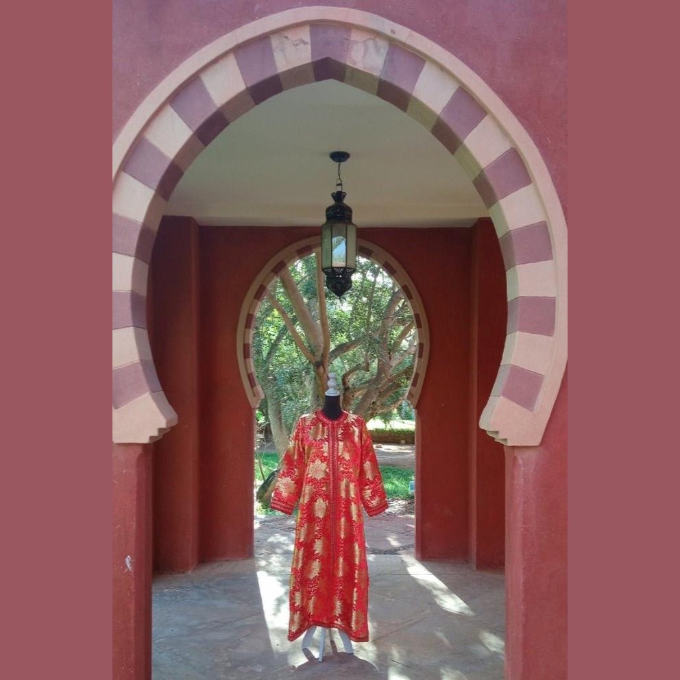 Vintage Moroccan Kaftan 1960s Red and Gold Floral Brocade Caftan Dress - Heritage Handmade