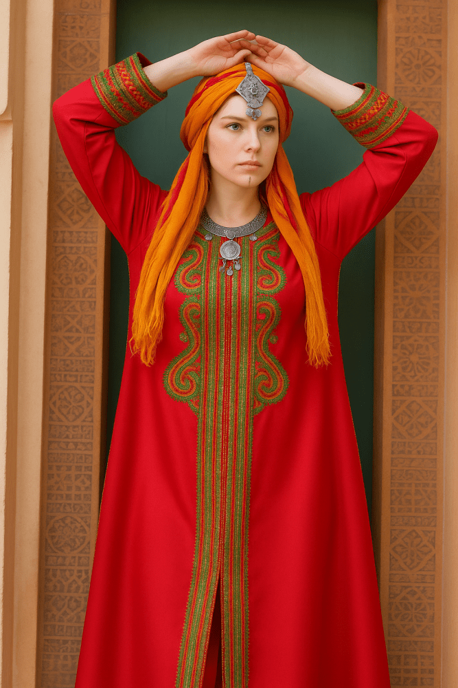 american girl wearing berber kaftan with berber jewelry and scarf 