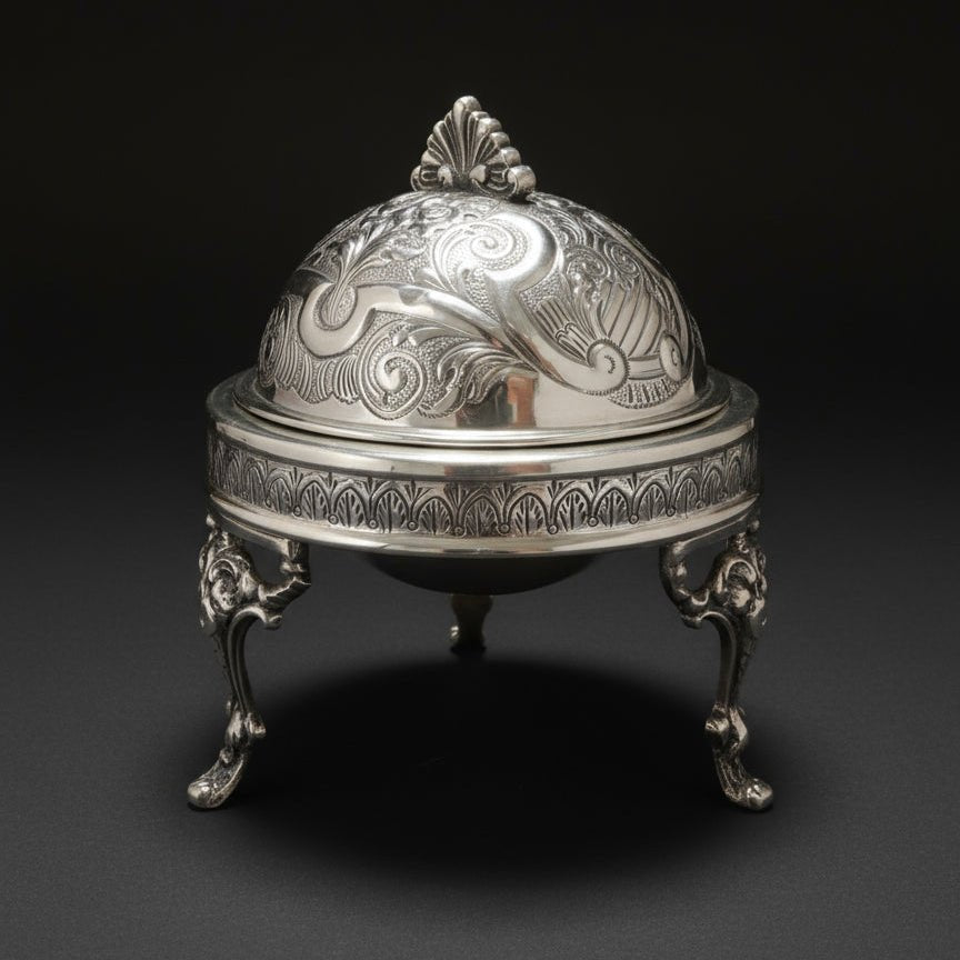 Decorative silver dome-shaped object on a wooden surface