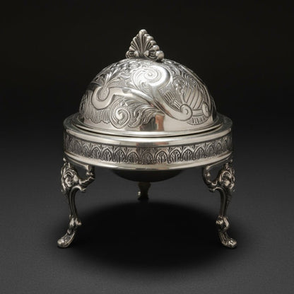 Decorative silver dome-shaped object on a wooden surface