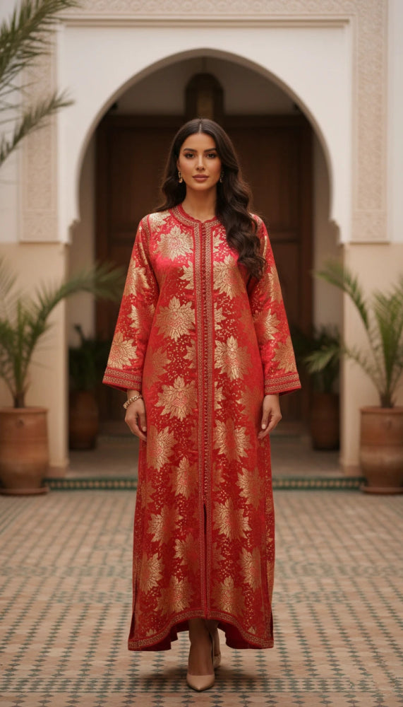 Woman wearing a red and gold embroidered Moroccan vintage brocade metallic kaftan dress in an outdoor setting with plants