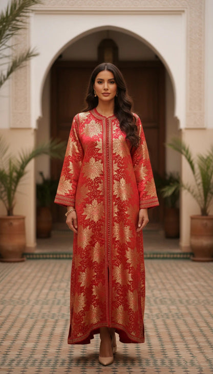 Woman wearing a red and gold embroidered Moroccan vintage brocade metallic kaftan dress in an outdoor setting with plants