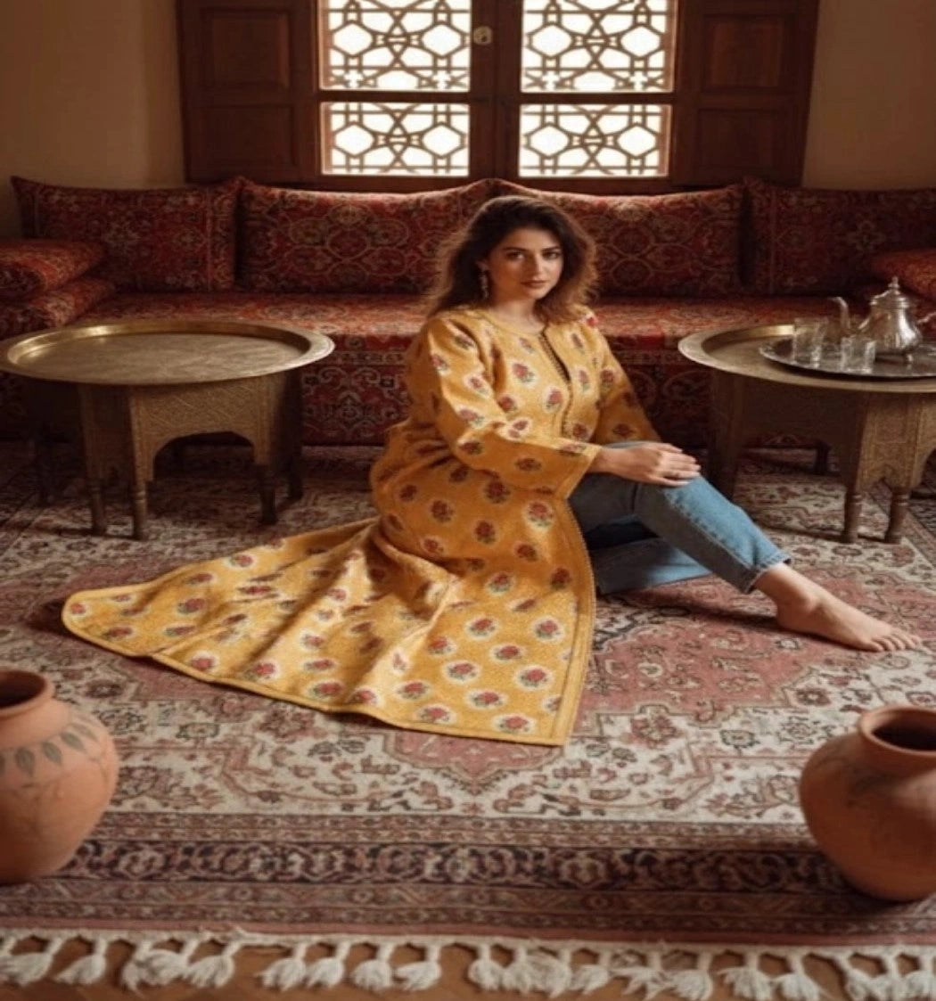 Woman in a yellow dress sitting on a patterned rug in a traditional room.