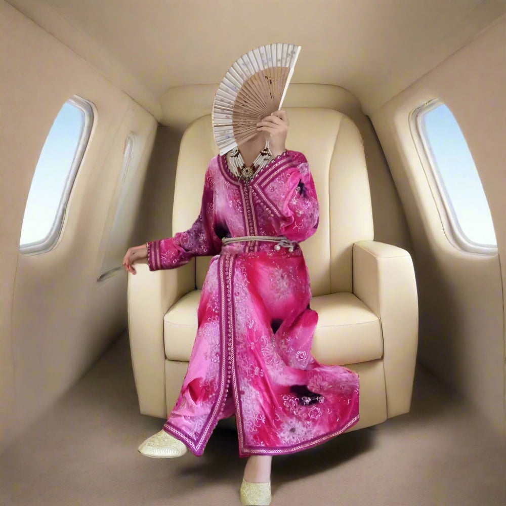 Superbe robe caftan vintage en velours rose vif et doré Heritage