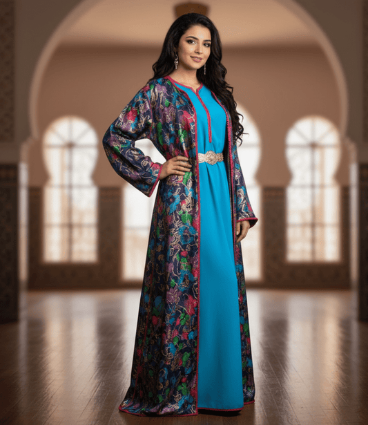 Woman wearing a colorful dress with a blue overlay in an arched doorway setting