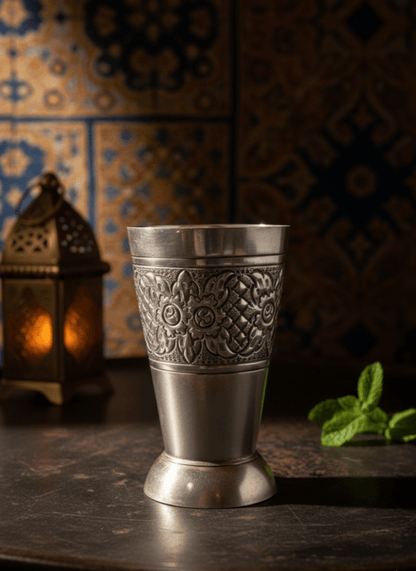 Decorative silver cup on a wooden surface with a patterned wall in the background