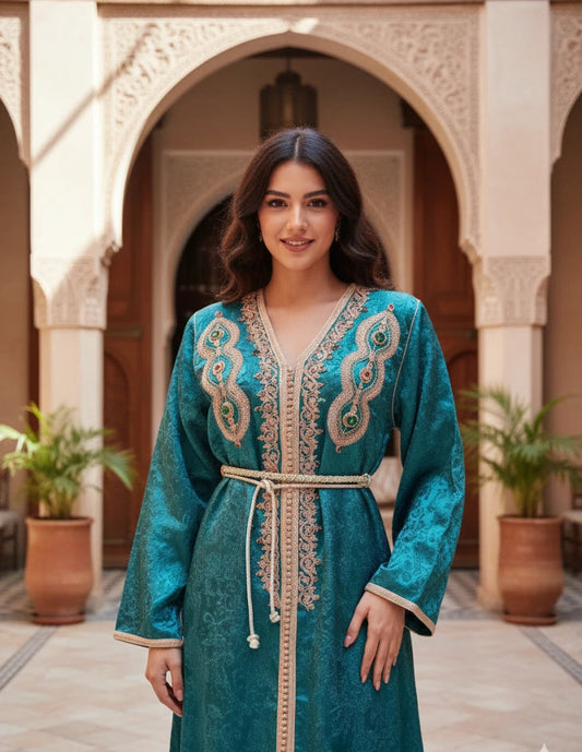 Woman wearing a teal embroidered Moroccan kaftan dress in a courtyard setting