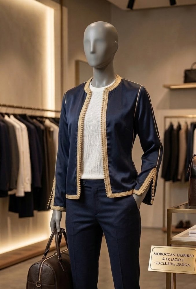 Tunique marocaine en SOIE bleue avec broderie dorée