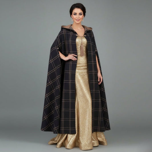 Woman wearing a gold dress with a black plaid cape against a gray background