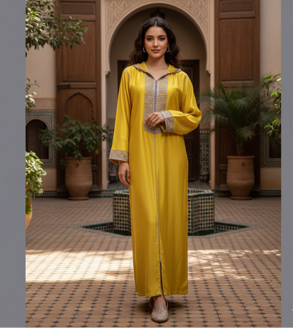 Woman in a yellow djellaba standing in a courtyard with plants and wooden doors.