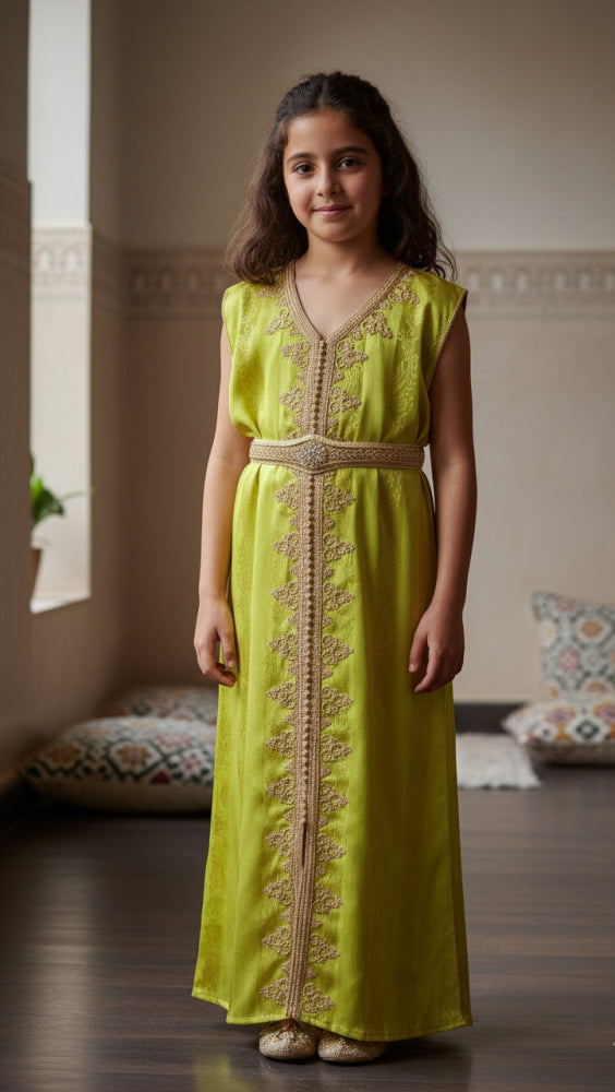 Young girl wearing a moustard kaftan sleevless caftan dress with gold embroidery in a room with decorative pillows on the floor.