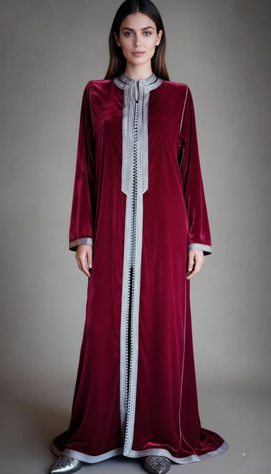 woman wearing burgundy moroccan kaftan with grey embroidery 