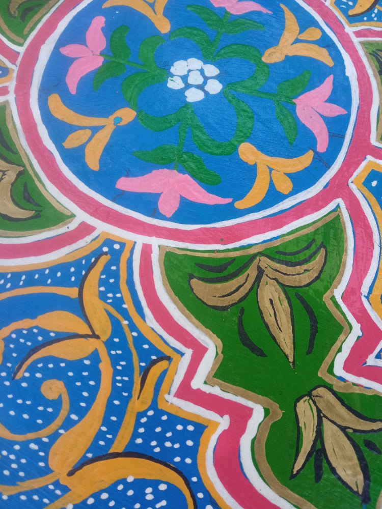 Colorful floral pattern with blue, green, pink, and orange colors.