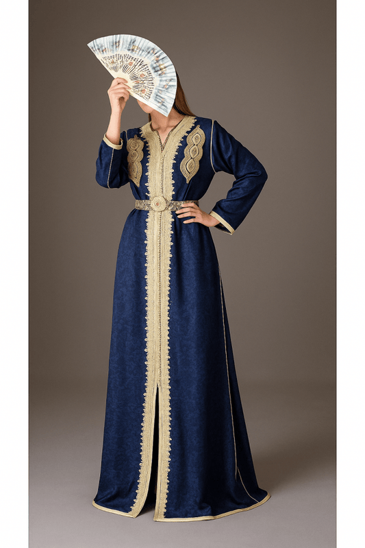 Luxury hand beaded Moroccan Brocade kaftan with belt - Heritage Handmade