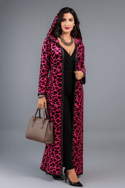 Woman wearing a pink leopard print moroccan djellaba