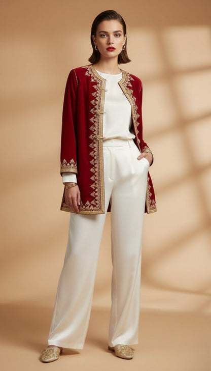 Woman wearing a red embroidered jacket with gold trim on a beige background
