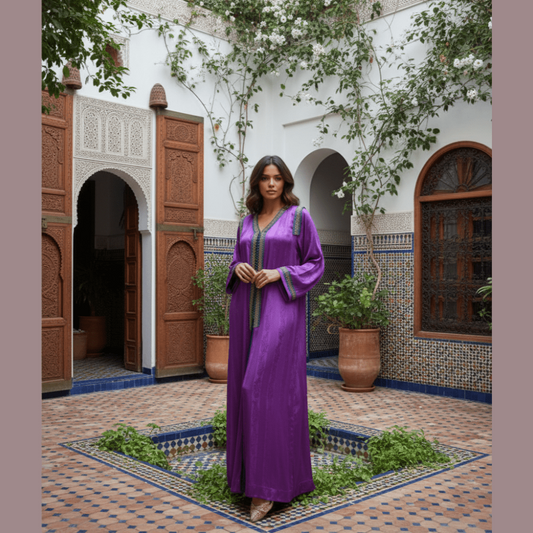 Woman in a purple dress standing in a courtyard with decorative tiles and plants.