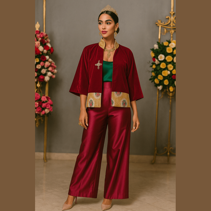 Woman in a red outfit with floral decorations in the background