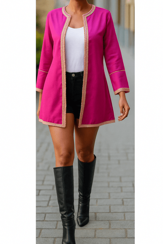 a woman wearing handmade moroccan odern jacket in pink 