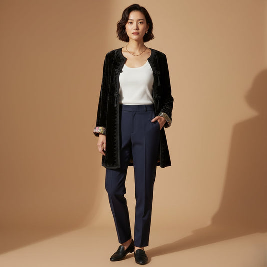 Woman wearing a black coat, white top, and navy pants against a beige background