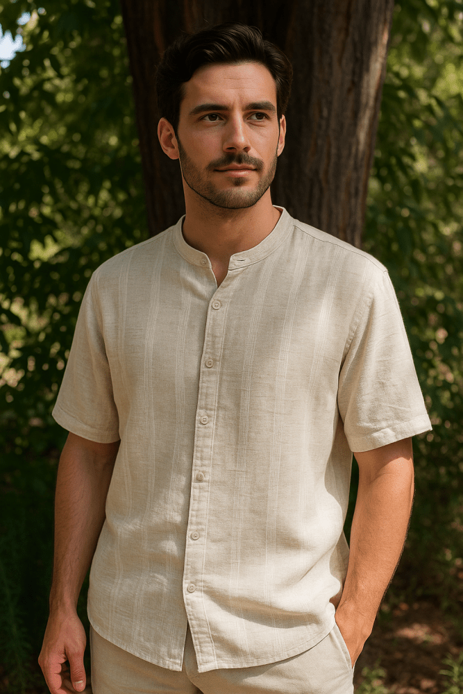Man wearing a beige shirt standing outdoors with trees in the background