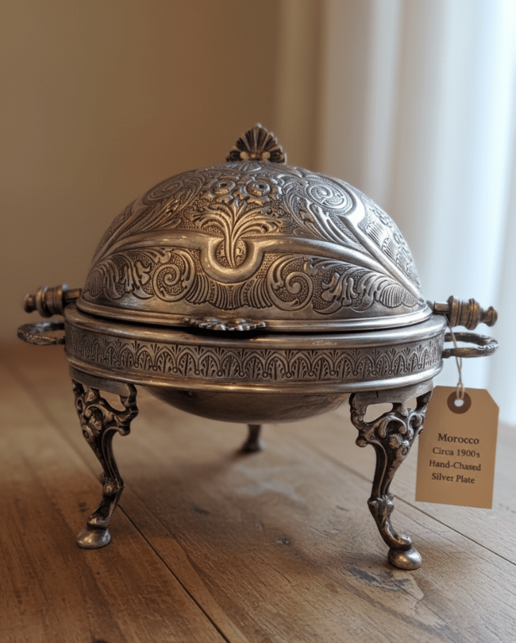 Decorative silver platter with intricate designs on a wooden surface