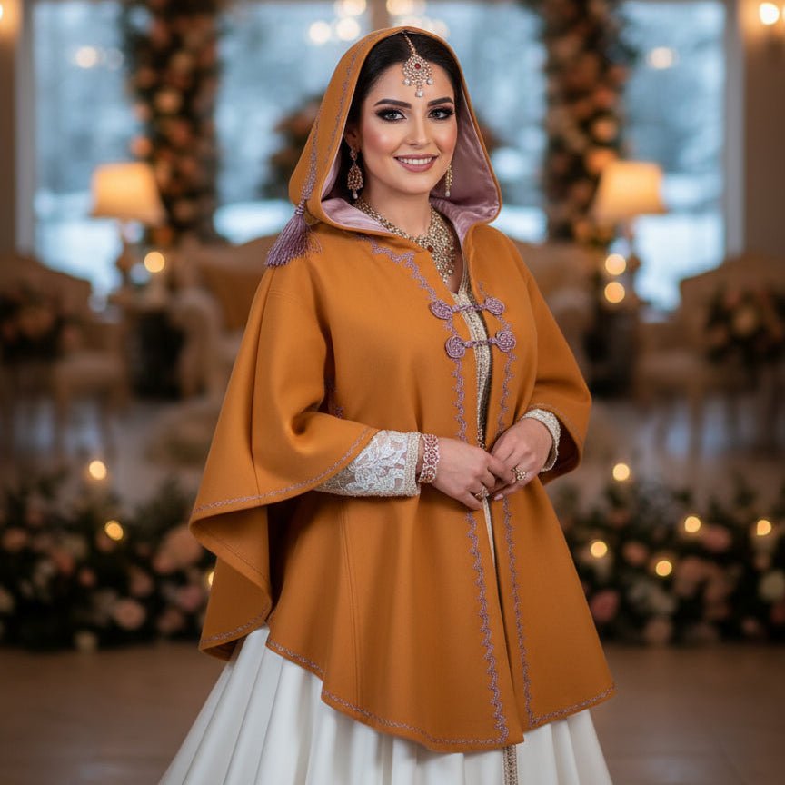 Woman in a mustard yellow traditional outfit with white wedding dress, standing in a decorated indoor setting.