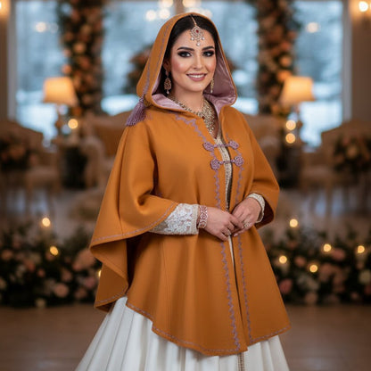 Woman in a mustard yellow traditional outfit with white wedding dress, standing in a decorated indoor setting.