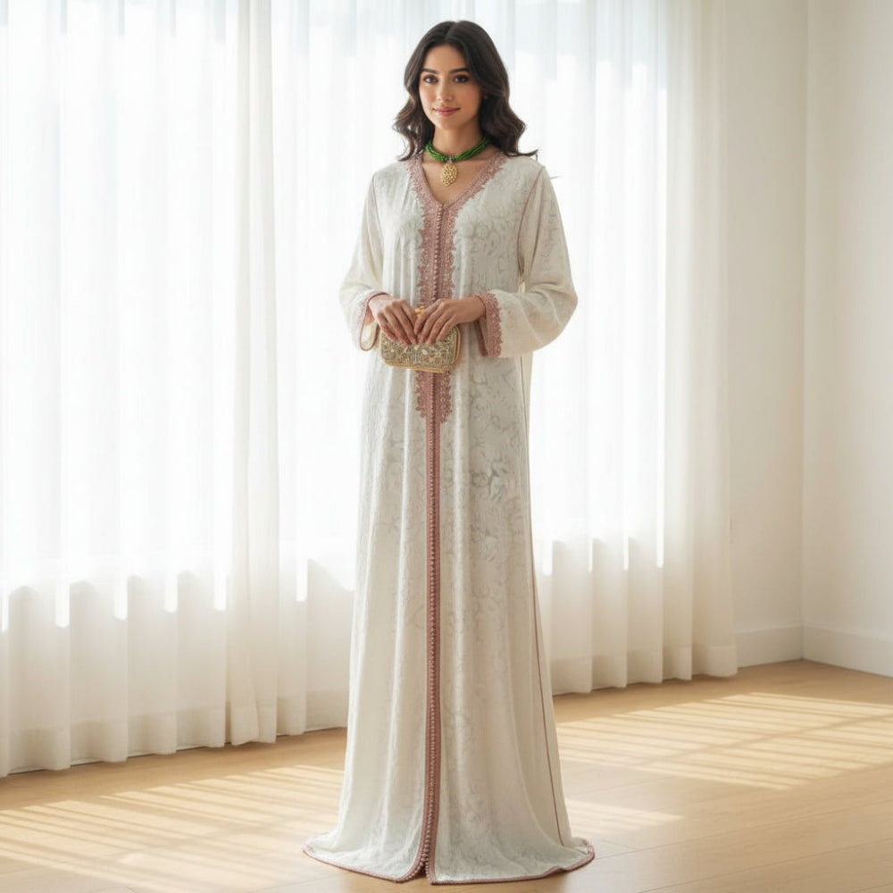 Woman in a long, light-colored dress standing in a room with white curtains.