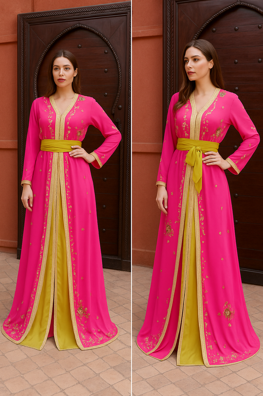 Woman wearing a pink and green dress with a belt in front of a brown door.