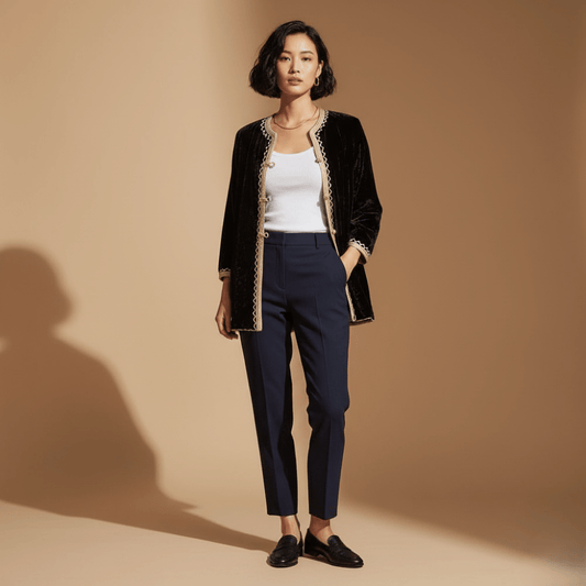 Woman wearing a black jacket with gold trim, white top, and navy pants against a beige background