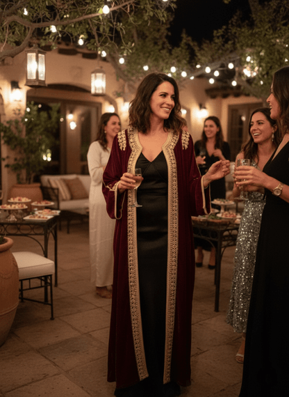 Woman in a long, dark red moroccan velvet kaftan dress with gold trim standing outdoors at night.