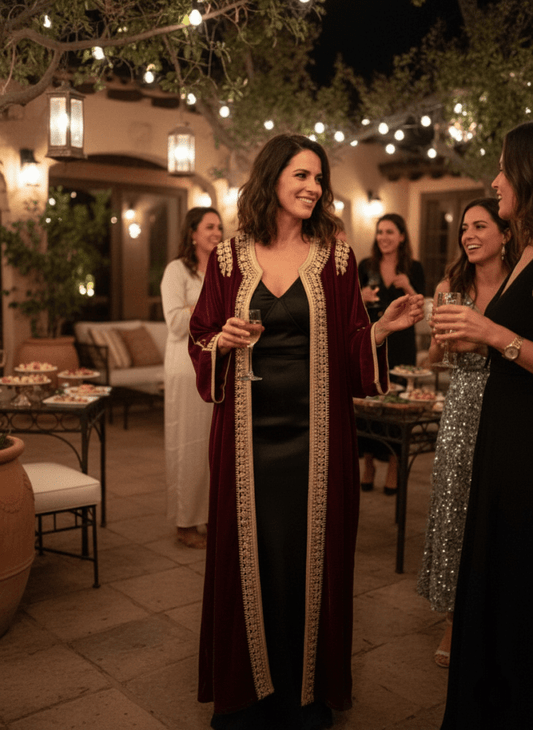 Woman in a long, dark red moroccan velvet kaftan dress with gold trim standing outdoors at night.