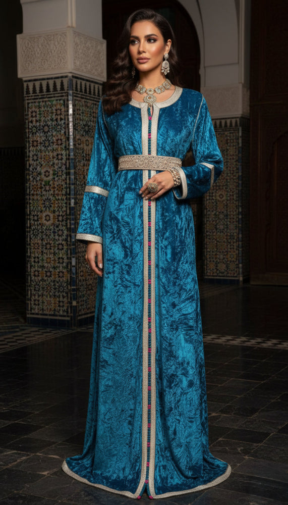 Woman wearing a blue Moroccan traditional kaftan dress with intricate patterns in a decorative setting.