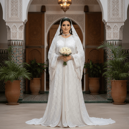 Woman in a white Moroccan wedding kaftan 2 piece dress holding flowers in an ornate indoor setting