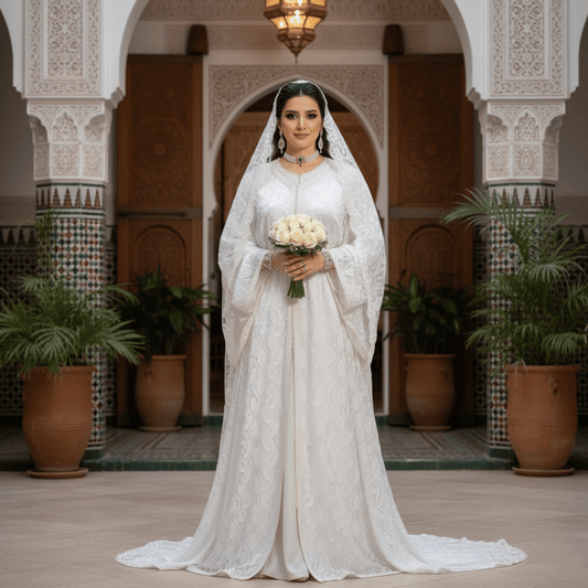 Woman in a white Moroccan wedding kaftan 2 piece dress holding flowers in an ornate indoor setting