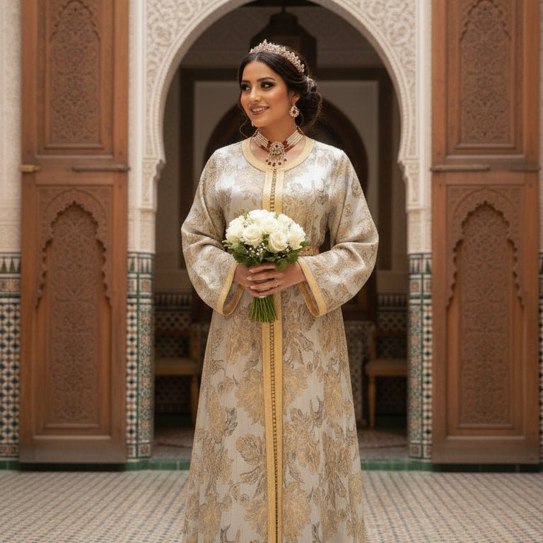 Woman in a traditional outfit holding flowers in front of a decorative archway.