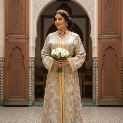 Woman in a traditional outfit holding flowers in front of a decorative archway.