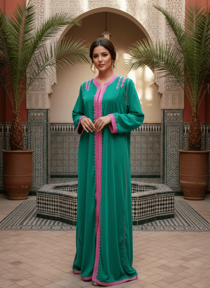 Woman in a green and pink dress standing in a decorative indoor setting with plants and patterned tiles.