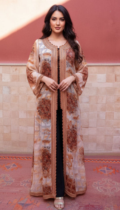 model wearing vintage brown open moroccan caftan 