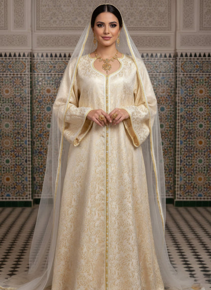 Woman in a traditional embroidered dress with a long veil against a patterned wall.