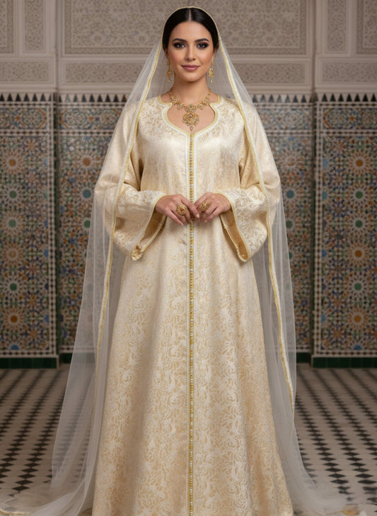 Woman in a traditional embroidered dress with a long veil against a patterned wall.