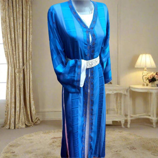 Vintage Glamour: Gorgeous 70s Hand - Embroidered Moroccan Blue Caftan - Heritage Handmade