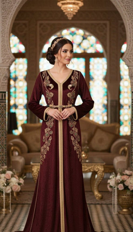 Woman in a brown kaftan wedding dress with gold embroidery standing in an ornate room.