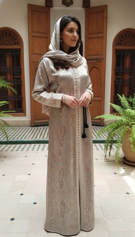 Woman wearing a long, silver Moroccan vintage brocade kaftan dress with intricate patterns in an indoor setting.